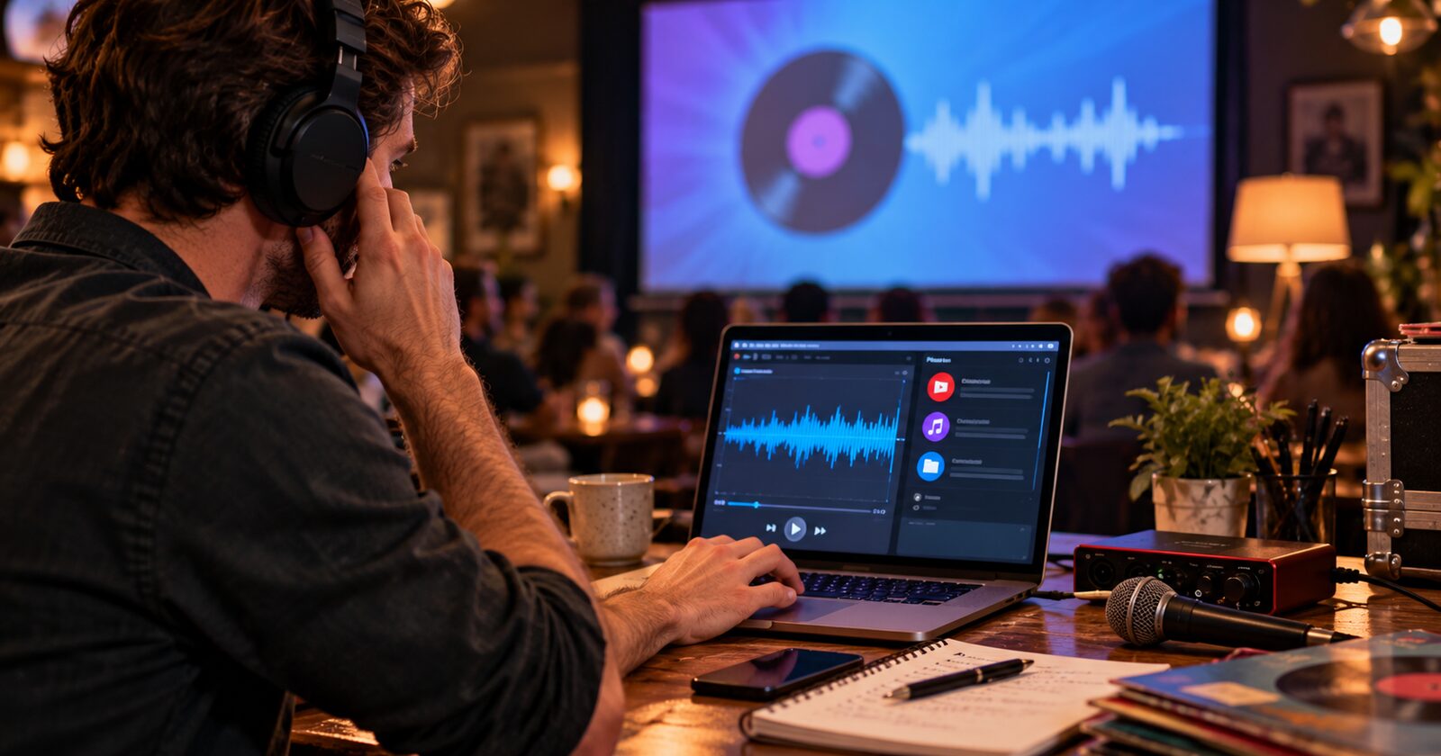 A quiz host in headphones trimming an audio clip on a laptop, with a record and a waveform on the big screen behind him