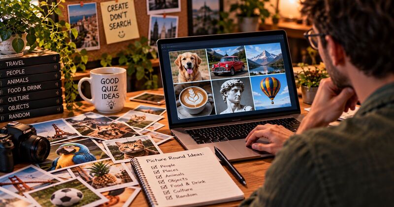 A quiz host building a picture round on a laptop, surrounded by printed photos and a pinned note reading create, don't search