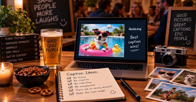 A laptop showing a dog in sunglasses floating in a pool beside the words best caption wins, with a notepad of caption ideas on the table