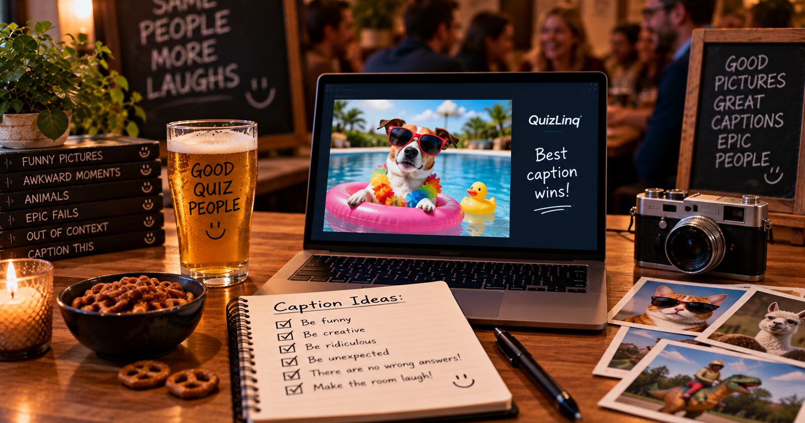 A laptop showing a dog in sunglasses floating in a pool beside the words best caption wins, with a notepad of caption ideas on the table