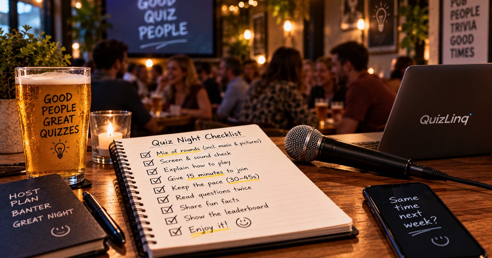 A quizmaster's table in a busy pub, with a handwritten quiz night checklist, a microphone, a laptop and a pint