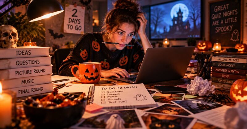 A woman building a Halloween quiz late at night, surrounded by pumpkins, a to-do list and a sign reading two days to go