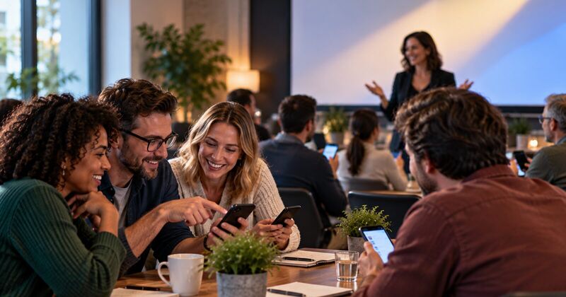 Colleagues around a meeting table laughing and answering on their phones while a presenter speaks at the screen behind them
