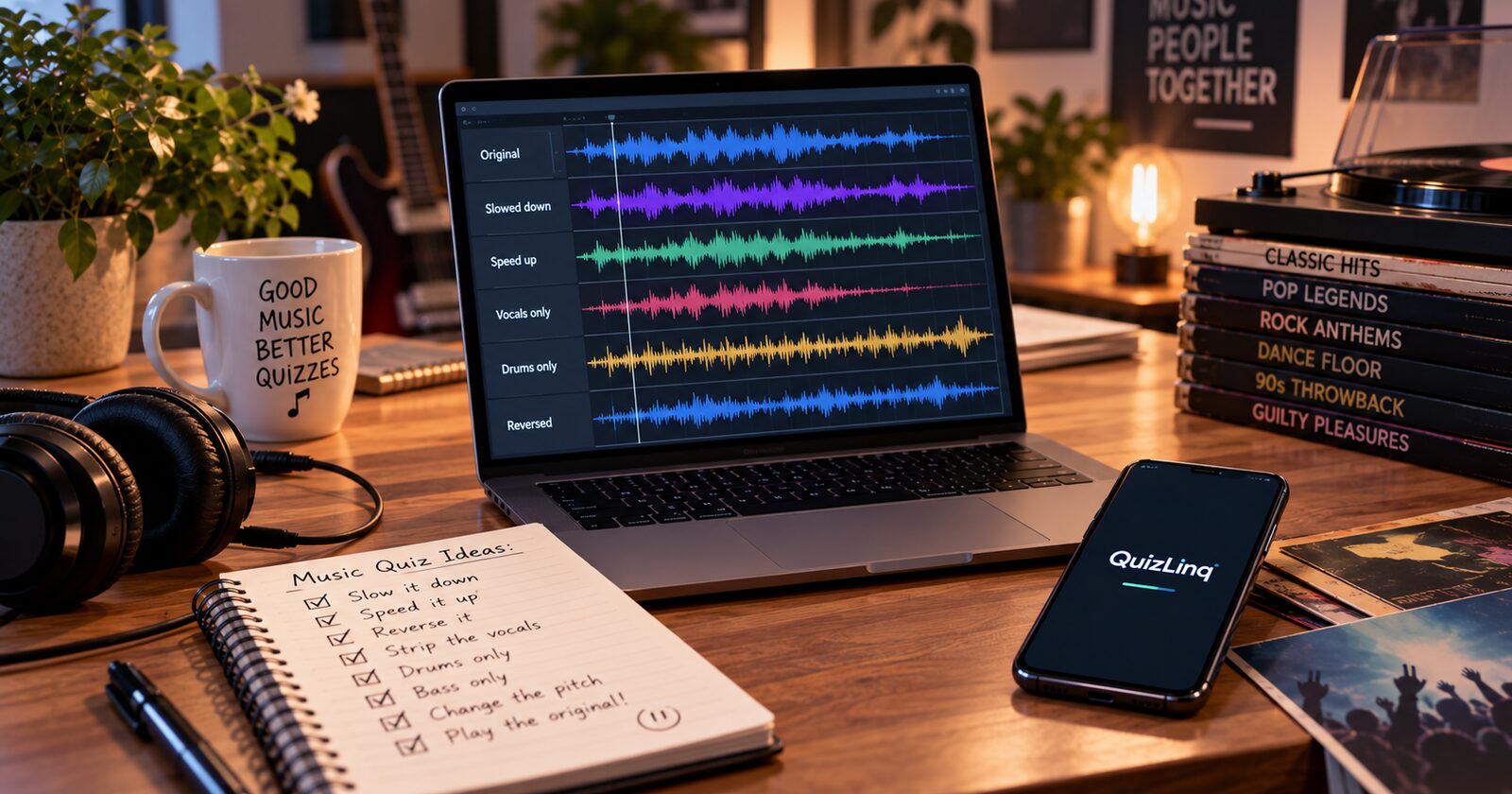 A laptop showing one song as six waveforms labelled original, slowed down, sped up, vocals only, drums only and reversed, beside headphones and a handwritten list of music quiz ideas