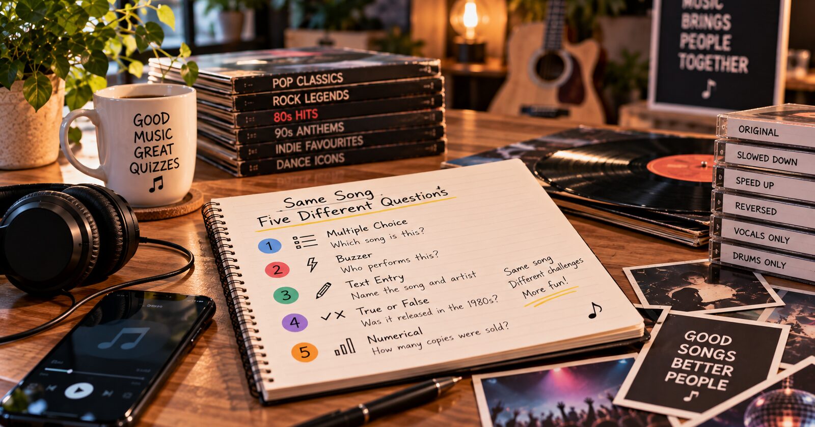A handwritten notepad listing the same song as five different question types, numbered multiple choice, buzzer, text entry, true or false and numerical