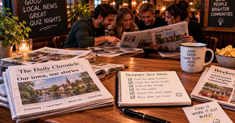A pub table stacked with local newspapers and a notepad of newspaper quiz ideas, with a team searching a paper together in the background
