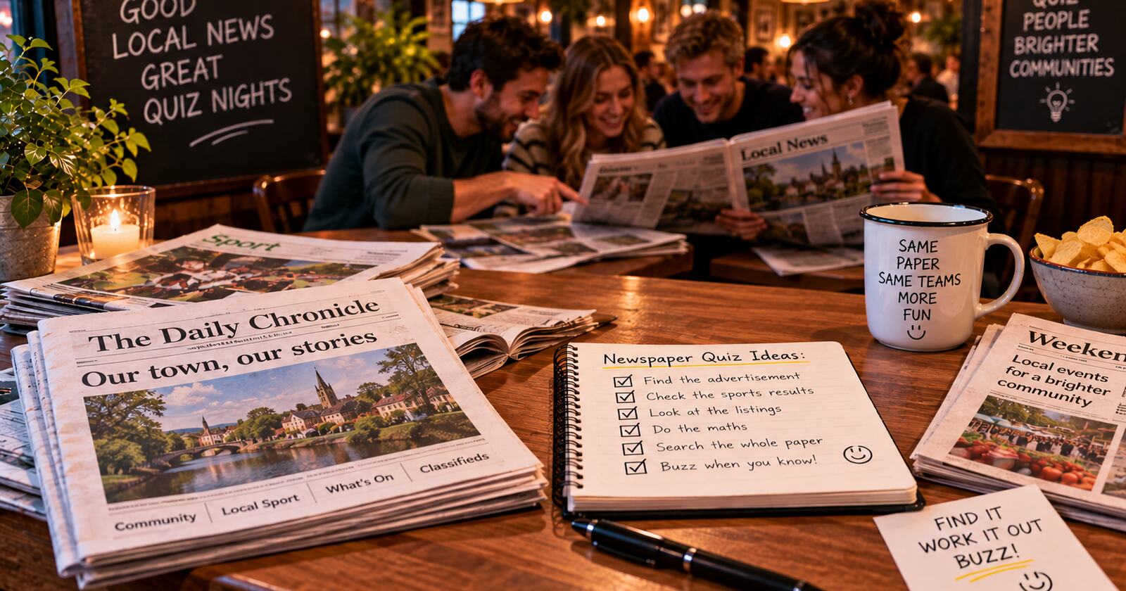 A pub table stacked with local newspapers and a notepad of newspaper quiz ideas, with a team searching a paper together in the background