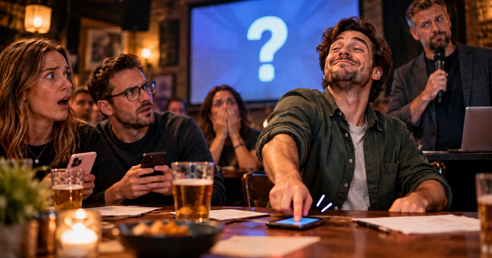 A man at a pub quiz grins after slamming the buzzer on his phone while his teammates stare at him in horror, a question mark still on the screen behind them