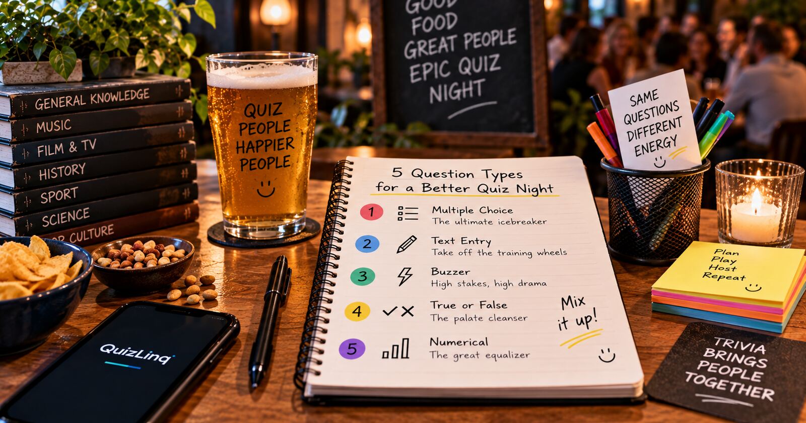 A notepad on a pub table listing five numbered question types, from multiple choice through to numerical, each with a one-line description